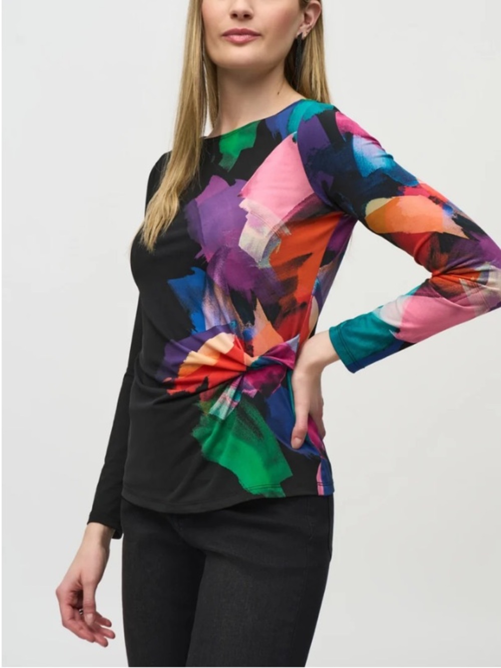 Joseph Ribkoff Black/Multi Abstract twist side artsy longsleeve top 244073